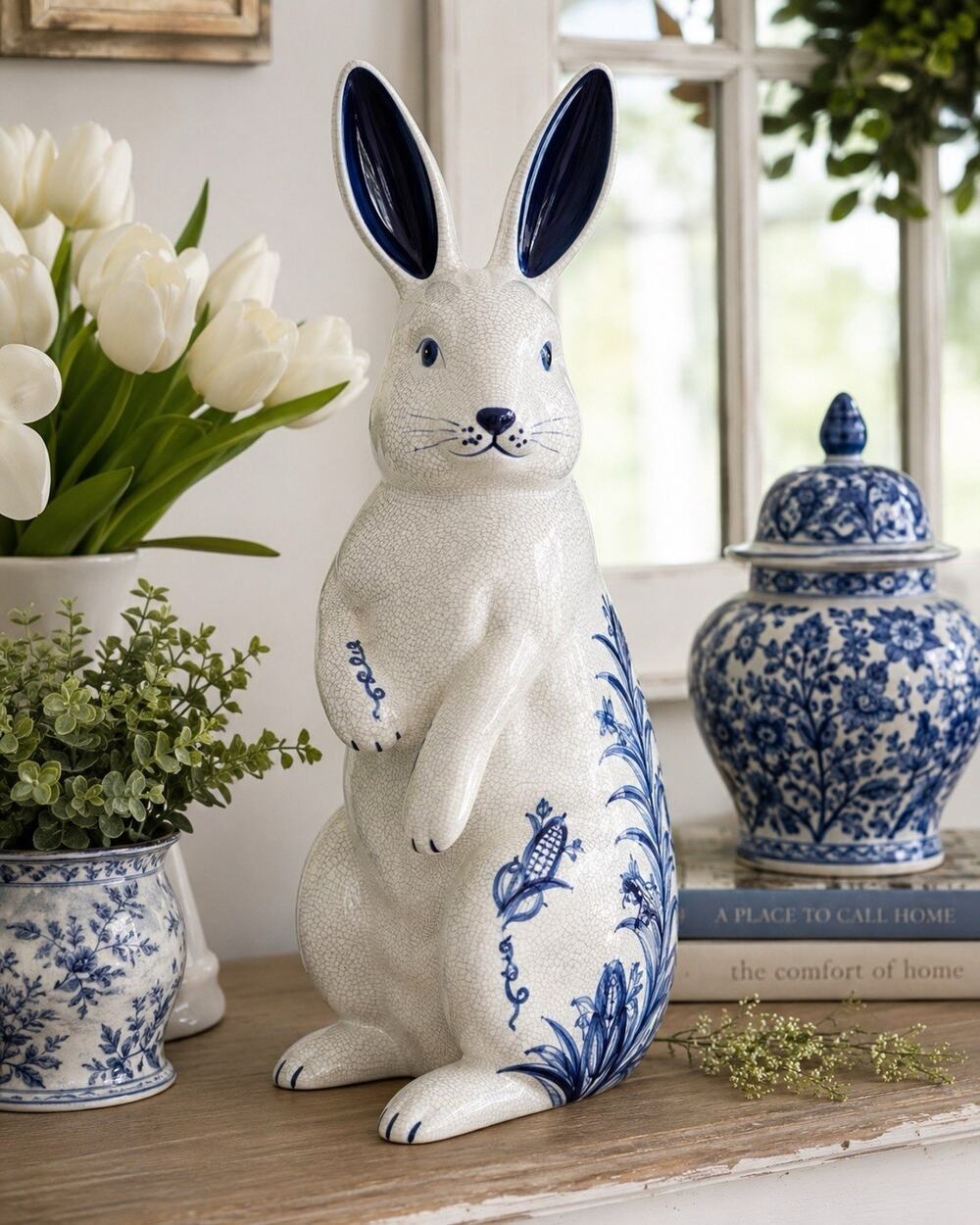 Dedham Pottery Style Ltd Ed 1998 Bunny Rabbit Corn Field Crackle Glaze 16.5”